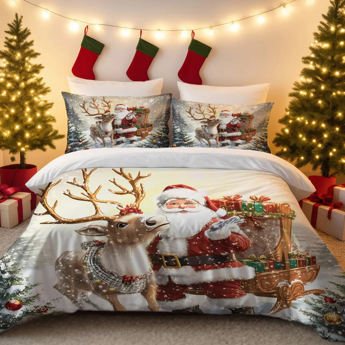 3-Piece Santa Claus Printed Bedding Set – Festive Duvet Cover & Pillowcases, Soft 100% Polyester, Machine Washable, Multiple Sizes (1.0–2.2 m / 3.3–7 ft)