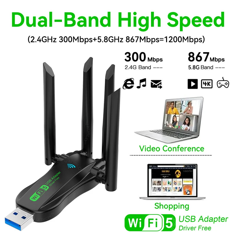 Dual-Band 1200Mbps USB 3.0 WiFi Adapter with 4 Antennas — 2.4/5GHz Wireless Dongle for PC & Laptop (Windows Compatible)