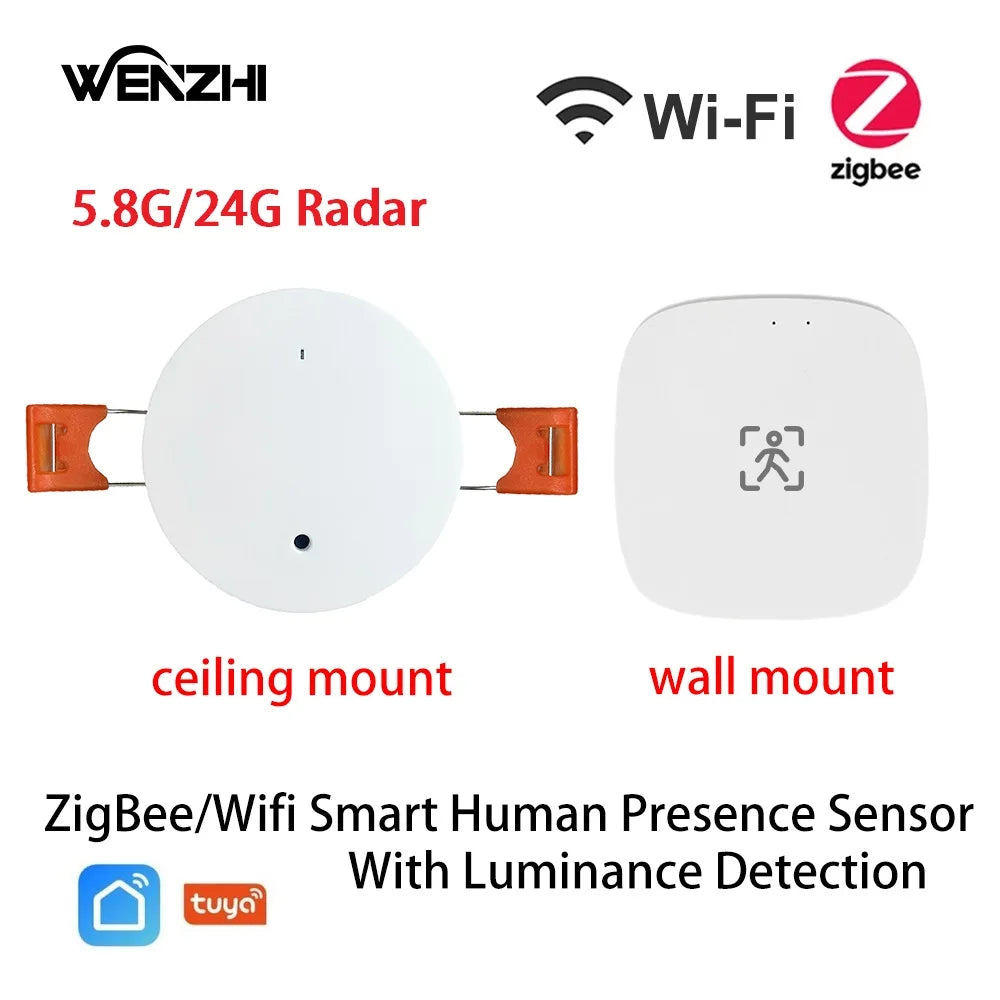 ZigBee WiFi mmWave Human Presence Motion Sensor with Luminance & Distance Detection, AC 80–240V / USB 5V Smart Home