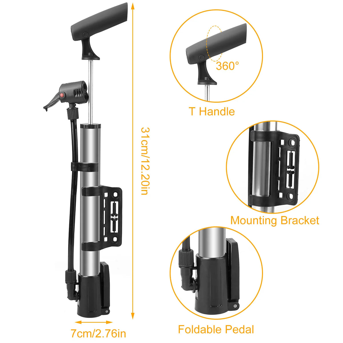 1-Pack Portable Mini Bike Pump with Mount Bracket - Compact Hand Inflator for Mountain & Road Bikes, Strollers and Sports Balls