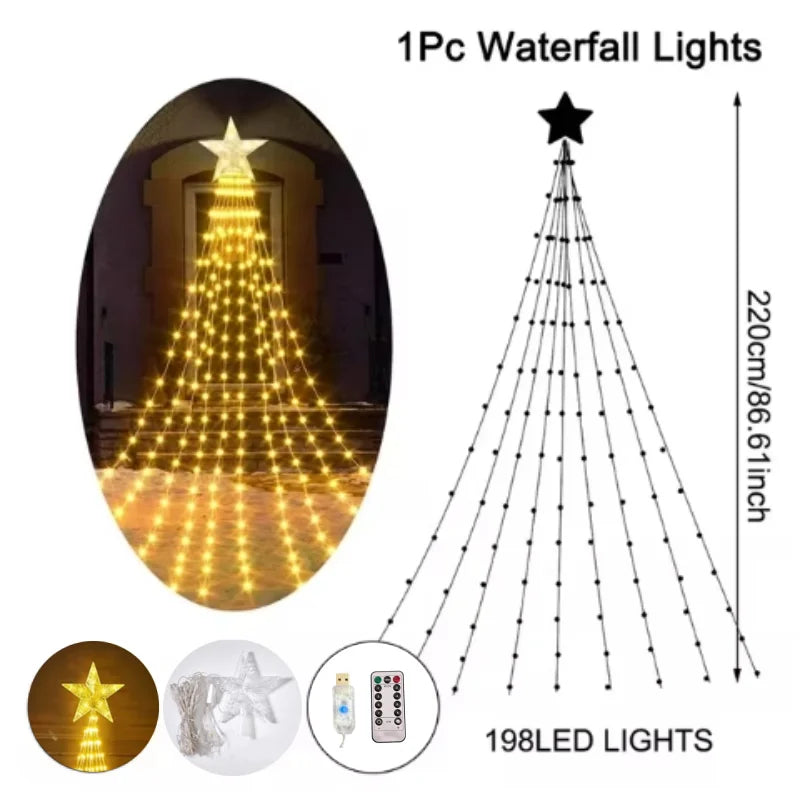 Pentagram Waterproof 2.2M (7.2 ft) 198-LED Waterfall Fairy String Lights USB/Battery Powered for Christmas Tree Patio Camping