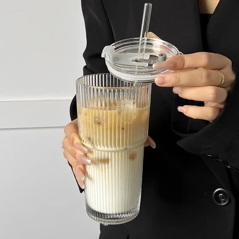 Vertical Ribbed Glass Tumbler 600ml (20.3 fl oz) with Lid & Straw — High-Temperature Resistant, Leak-Proof Office Coffee Cup