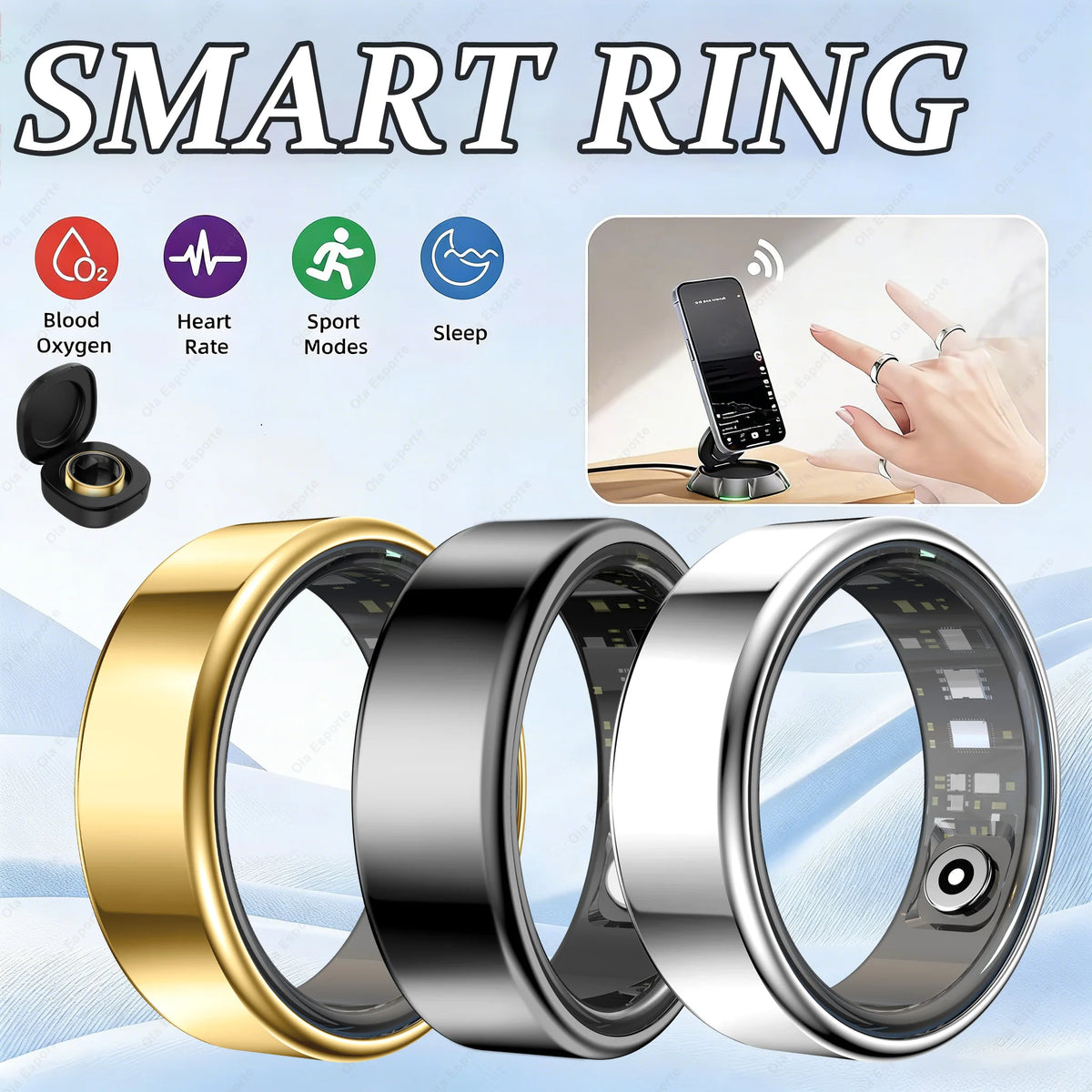 Smart Health Ring — Heart Rate, SpO2 & Skin Temperature Monitor, Sleep & Activity Tracker, 5ATM Waterproof, Bluetooth for Android & iOS — US Sizes 6–14 (16.5–22.3 mm / 0.65–0.88 in)