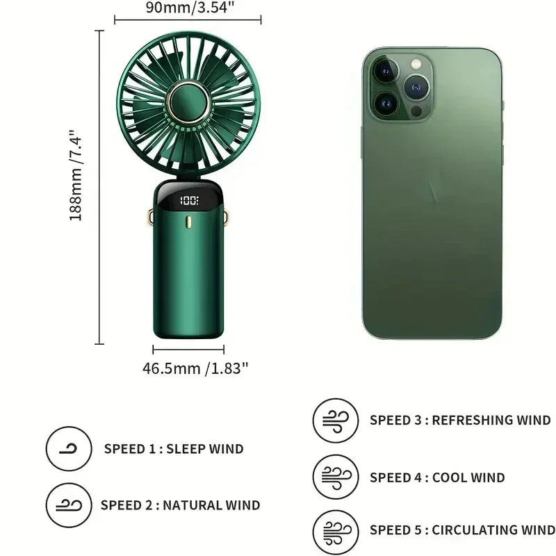 Portable USB Rechargeable Handheld Fan with LED Display, 90° Adjustable 5-Speed Mini Aromatherapy Fan