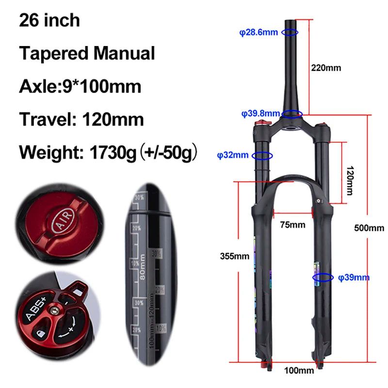 MTB Air Suspension Fork — 120mm Travel, Rebound Adjustable, 26/27.5/29 in, 9x100mm Quick Release, Disc Brake Compatible