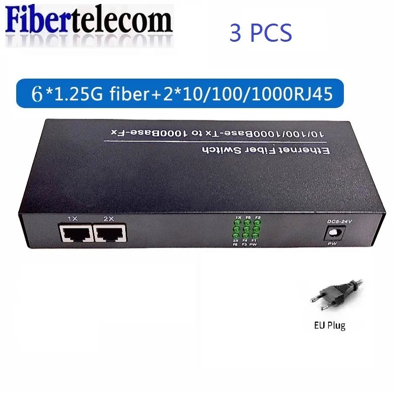 Gigabit Fiber Switch 6 x 1.25G Fiber Ports + 2 x 100/1000M RJ45 Media Converter SC Single-Mode 20km