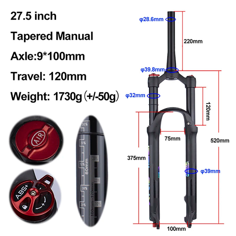 MTB Air Suspension Fork — 120mm Travel, Rebound Adjustable, 26/27.5/29 in, 9x100mm Quick Release, Disc Brake Compatible