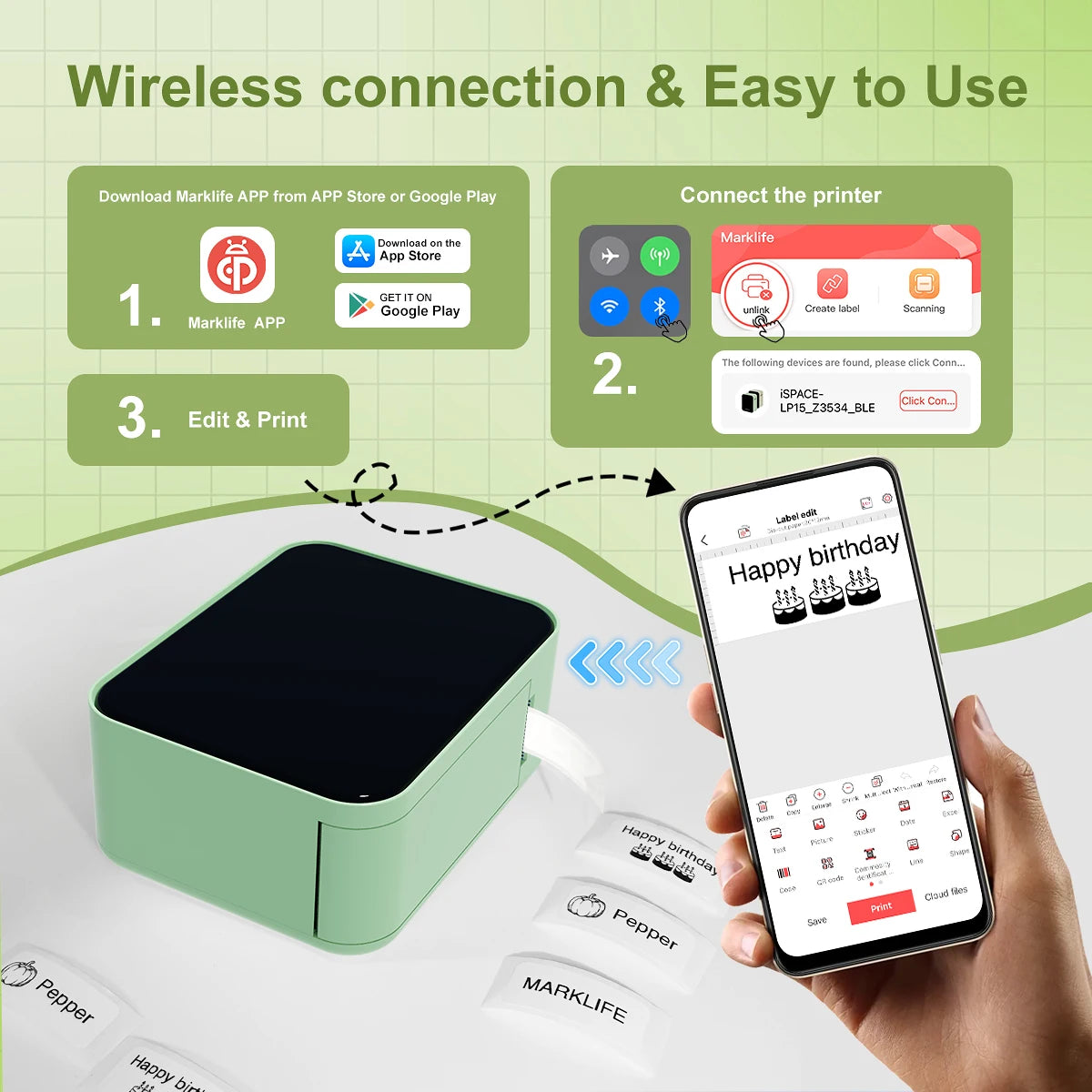 Mini Bluetooth Thermal Label Printer Portable Inkless 15mm (0.59in) Rechargeable Type-C