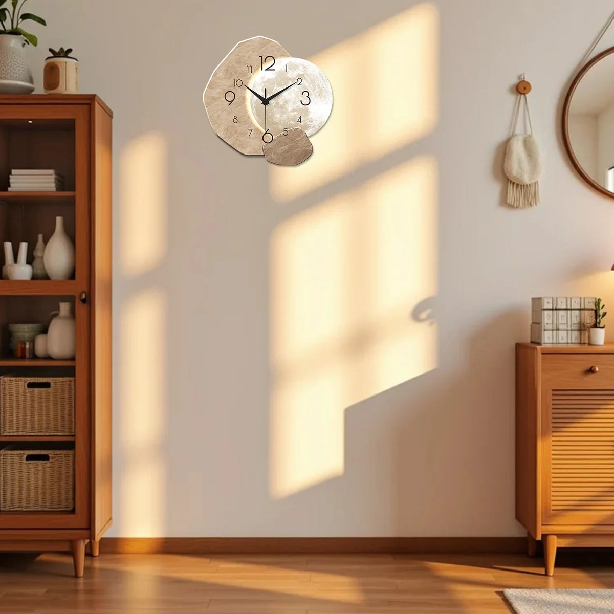 Moon Design Silent Quartz Wall Clock 13.7 in (34.7 cm) Bamboo Wood Modern Minimalist for Bedroom Living Room Office
