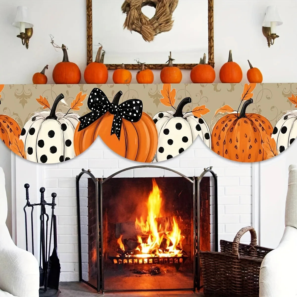 Golden Pumpkin Table Runner - Black & White Polka Dot Fireplace Scarf, Autumn Home Decor