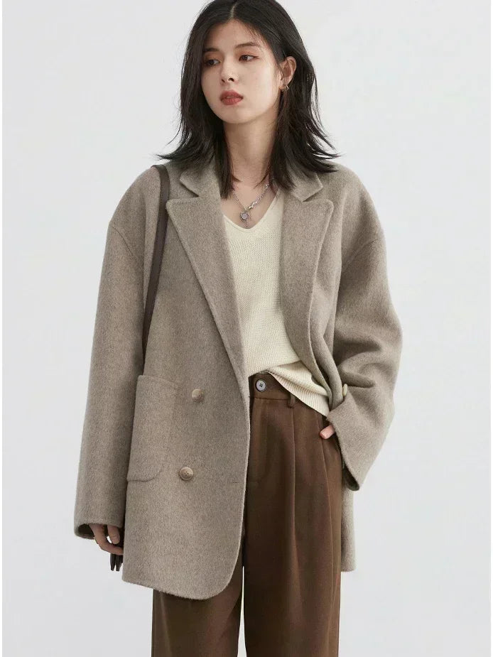 Women's Wool Blend Double-Sided Coat Loose Retro Double-Breasted Office Outerwear for Autumn Winter