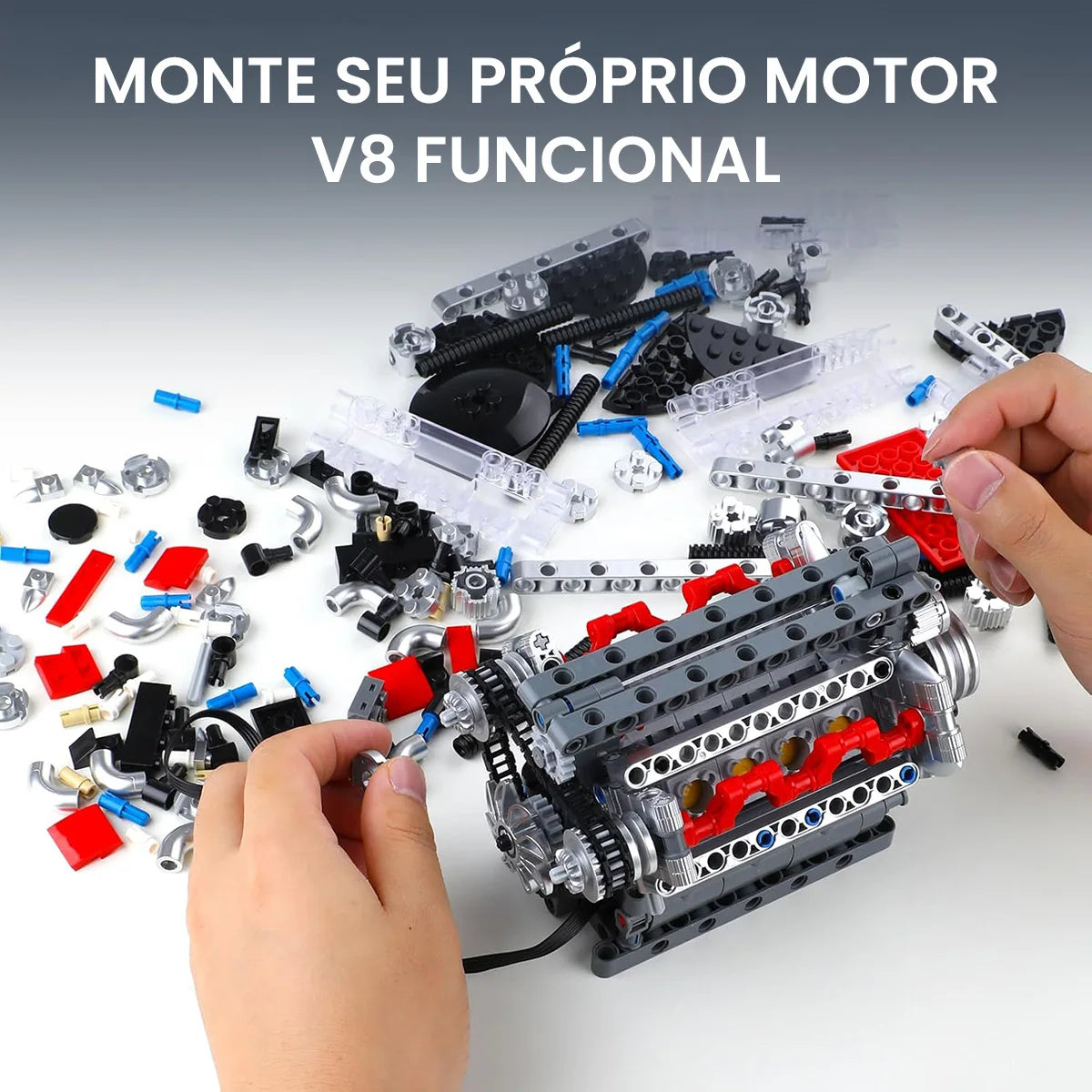 V8 Engine Building Blocks Model Kit, 487-Piece Compatible with LEGO, Transparent Cylinder Heads & Moving Pistons