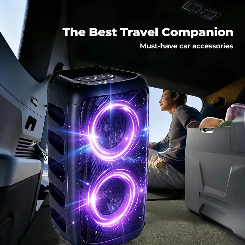 Portable Bluetooth Boombox Speaker – Dual Drivers, TWS Stereo, RGB Party Lights, USB TF Card & FM Radio