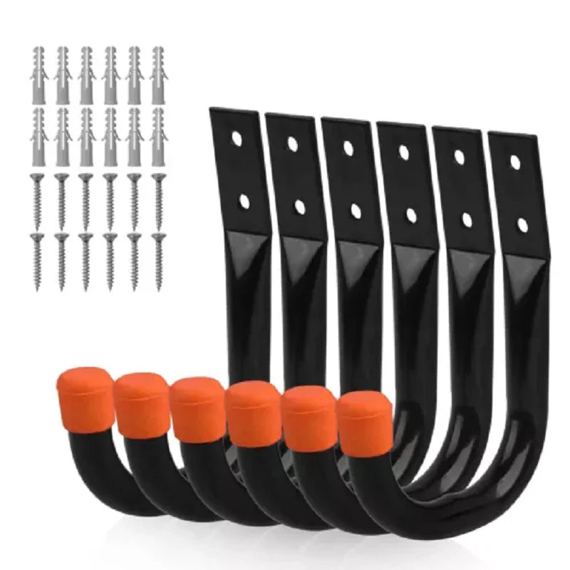 6-Pack Heavy Duty Wall Mount J-Hooks – Garage Hangers for Bikes, Ladders & Garden Tools (30 kg / 66 lb Capacity)
