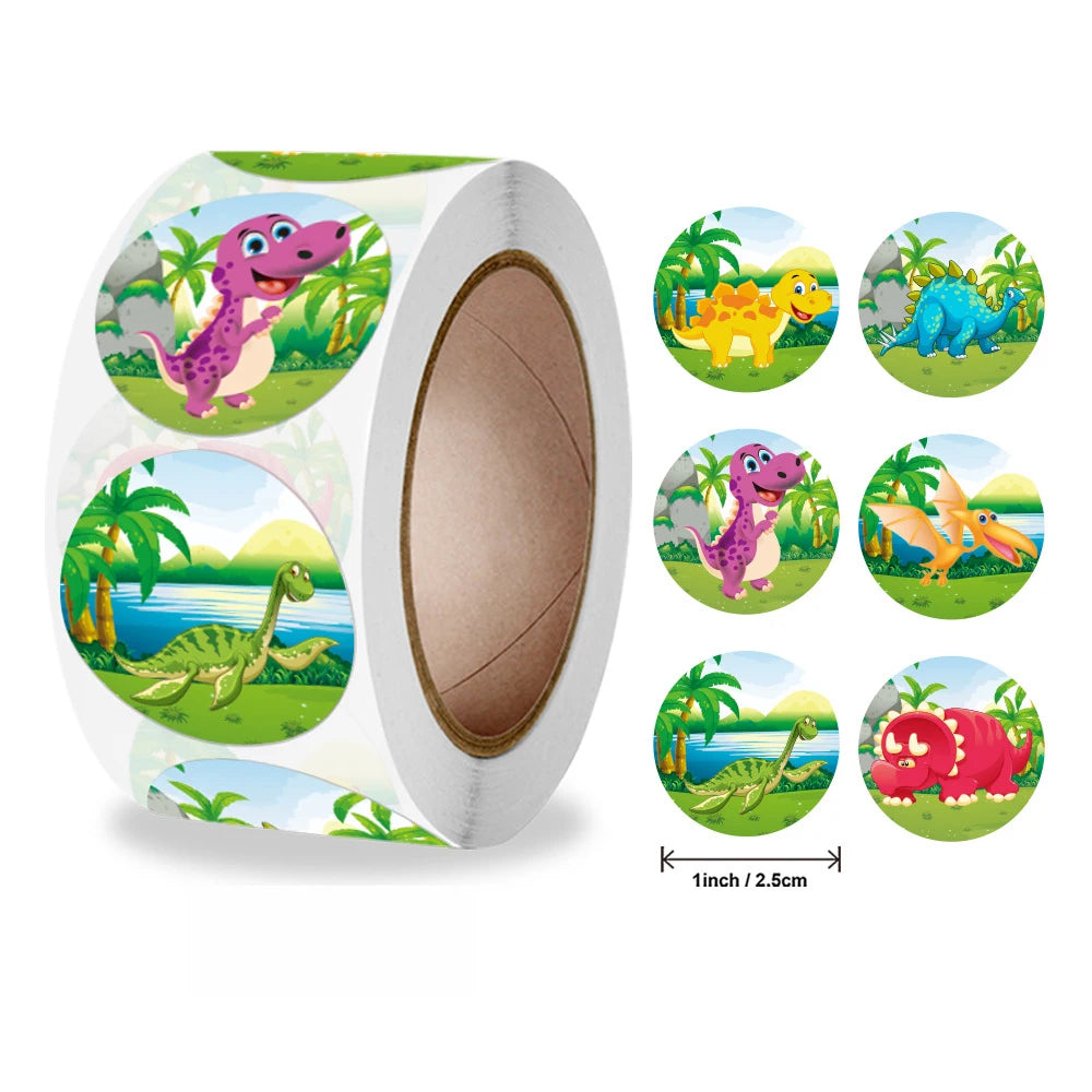 Dinosaur Cartoon Reward Stickers for Kids — 100 / 300 / 500-Pack Round 25mm (1 in) Classroom & Teacher Stickers