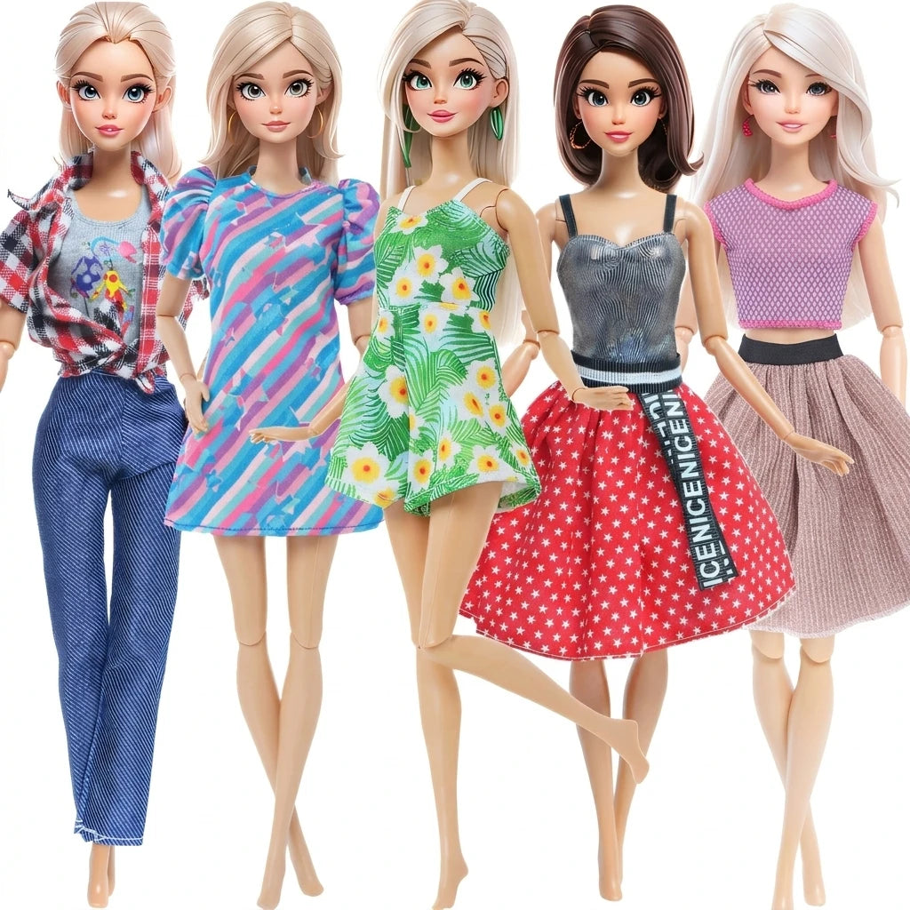 5-Pack Doll Clothes for 11.5–12 in (30 cm) 1/6 Scale Girl Dolls — Dresses, Skirts, Pants & Tops
