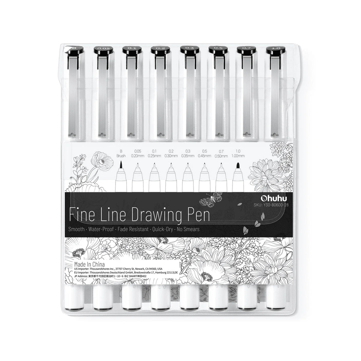 Micro Fineliner Pen Set 8-Pack, Ultra-Fine to Brush Tips, Waterproof Black Ink for Drawing, Sketching, Journaling and Manga