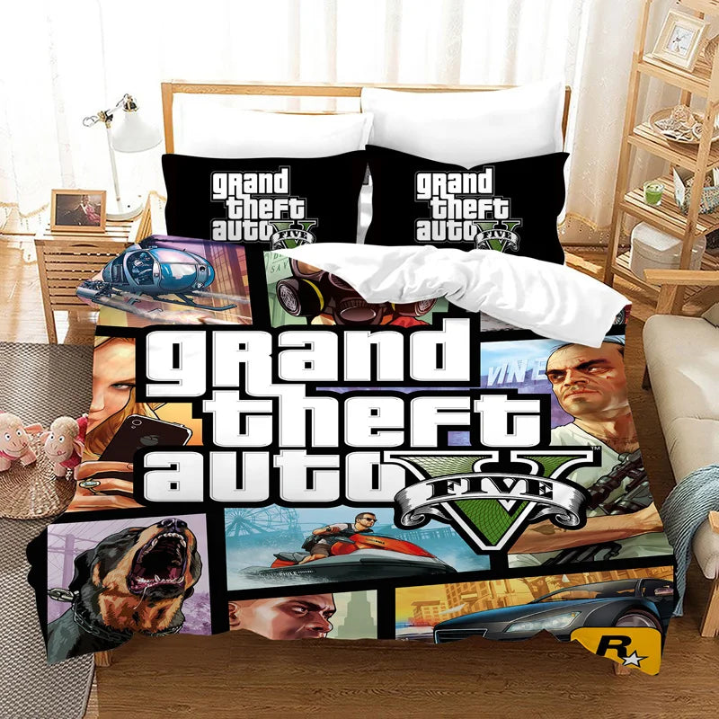 GTA V Cartoon 3-Piece Bedding Set — Printed Duvet Cover & 2 Pillowcases, Twin to King (68×86–104×90 in / 172×218–264×228 cm)