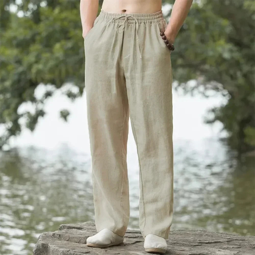 Men's Summer Cotton-Linen Oversized Wide Leg Pants Elastic Waist Casual Ankle-Length