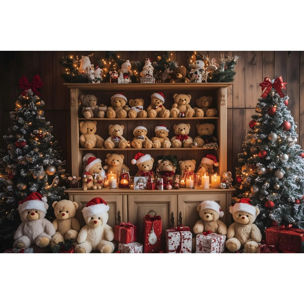 Christmas Photography Backdrop - Red Curtain & Window Scene with Snowy Bear and Gifts for Kids & Family Portraits