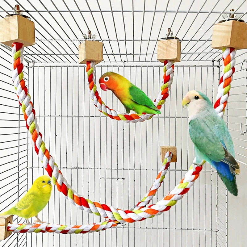 Colorful Cotton Rope Parrot Toy with Wooden Perch and Elastic Climbing Swing for Parrots & Small Birds