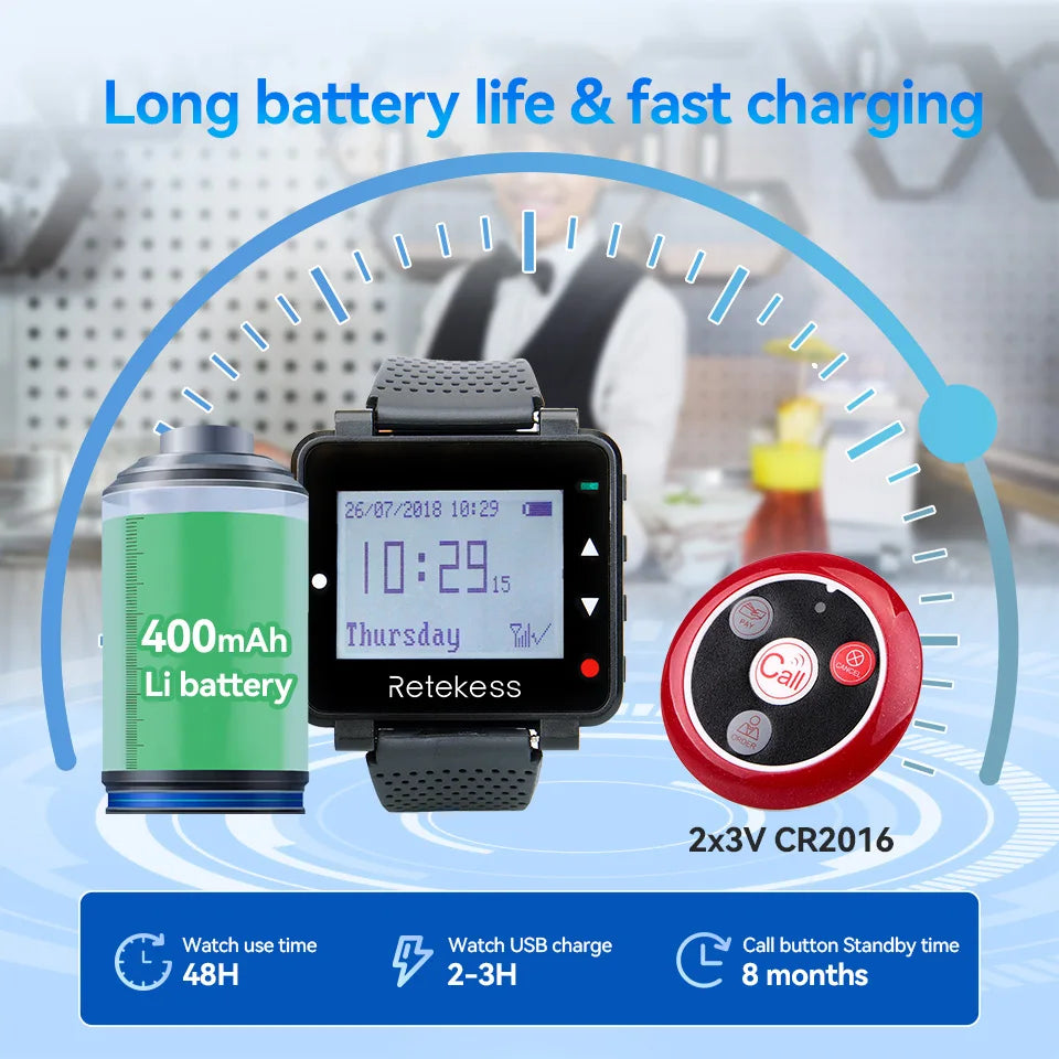 Wireless Waiter Calling System with Rechargeable Watch Receiver and Programmable Call Buttons – Restaurant Pager for Cafe Bar