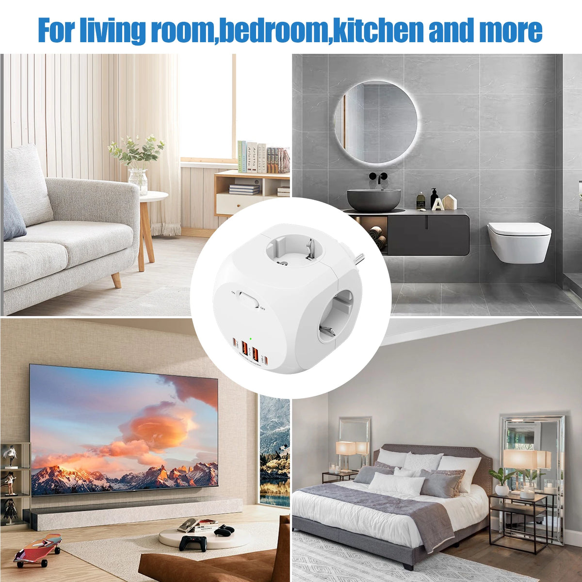 EU Wall Socket Power Hub – 4 AC Outlets + 4 USB (2 USB-C) Smart Fast Charging Compact Travel Plug
