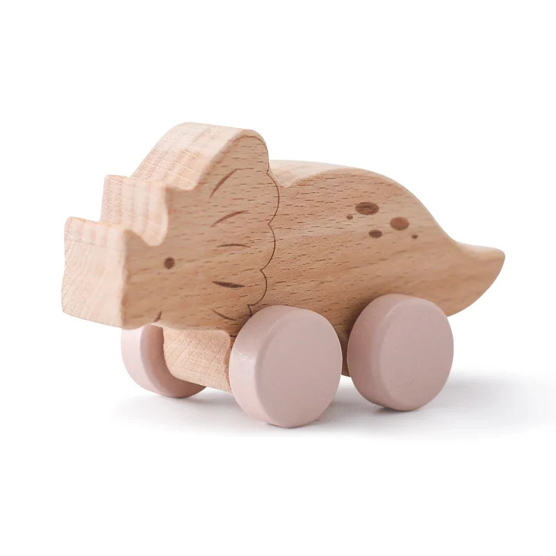 Beech Wood Cartoon Dinosaur Car Teether Montessori Wooden Baby Toy for Teething & Grip Development