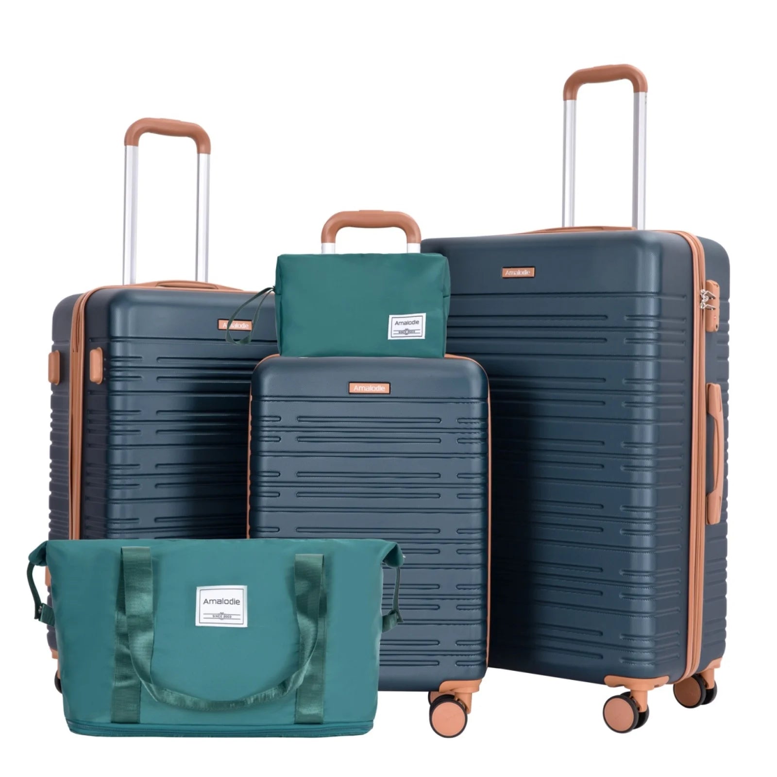 FanzyMarket 5-piece hardshell luggage set includes 28, 24, 20-inch spinner suitcases, TSA lock, double wheels, duffle and toiletry bag.
