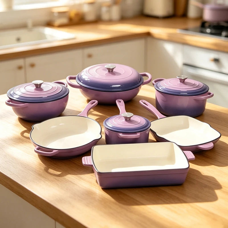 11-Piece Enamel Cast Iron Cookware Set – Induction & Oven Safe Pots, Skillet & Baking Pan (19cm, 24/26/30cm, 24cm, 26cm, 33×23cm)