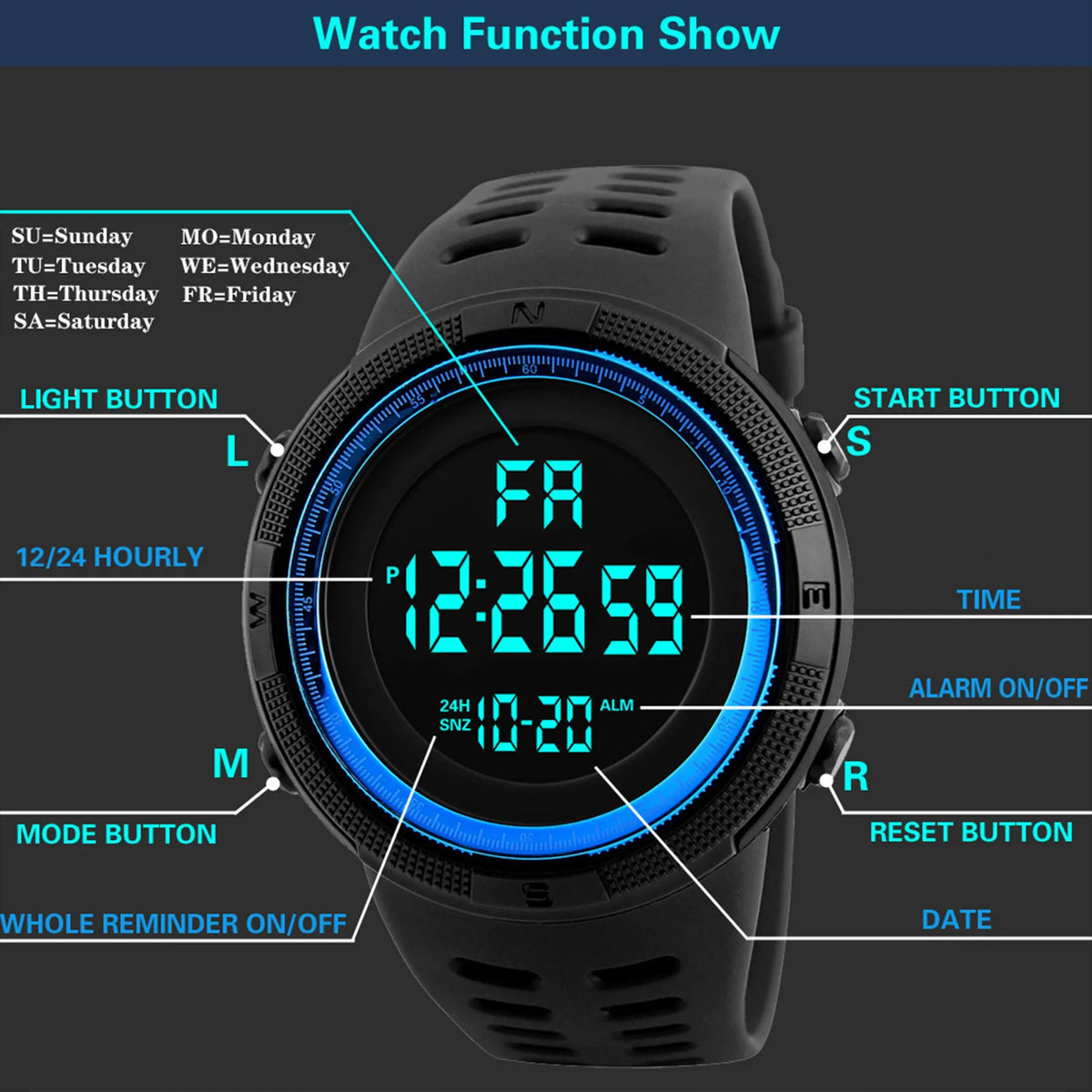 Men's Digital Sports Watch Waterproof Luminous Stopwatch Alarm for Running Climbing Fishing