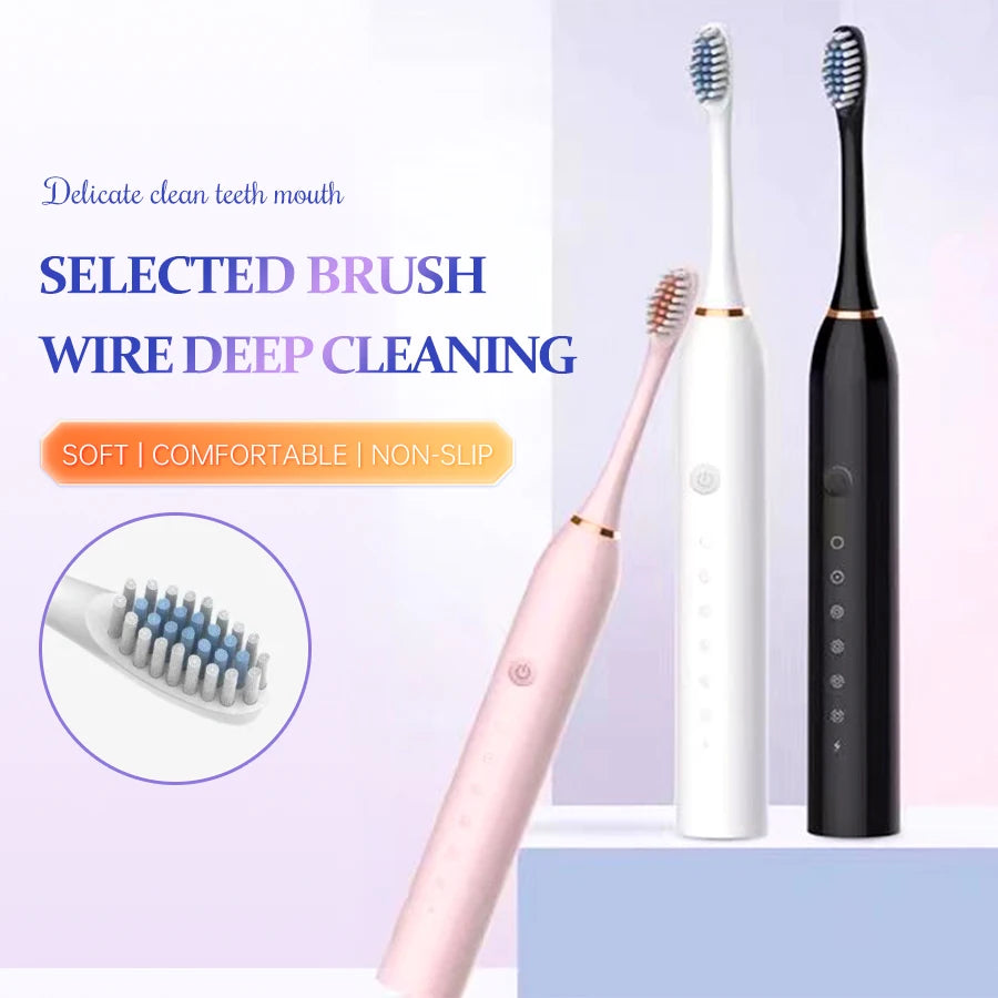 Ultrasonic Electric Toothbrush, 6-Speed USB Rechargeable Waterproof Adult Toothbrush with Soft Bristles & 4 Brush Heads