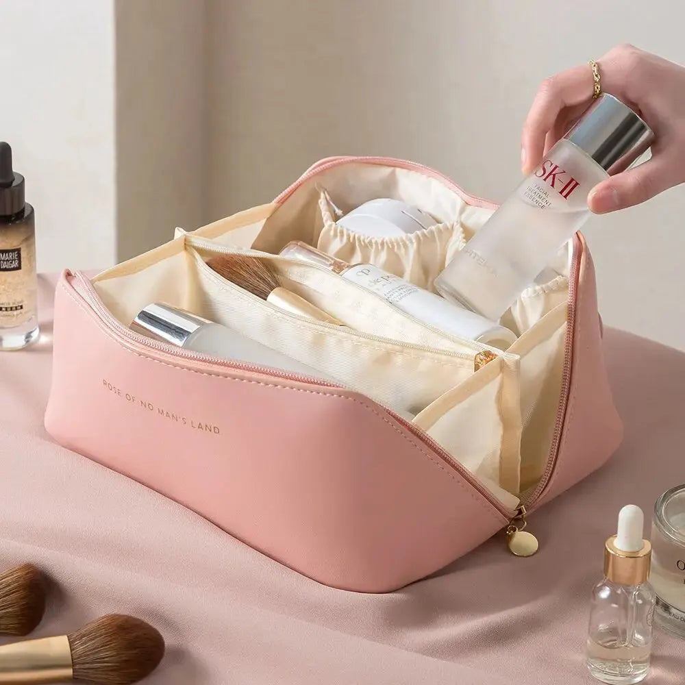 Luxury PU Leather Makeup Organizer Cosmetic Bag – Women's Travel Toiletry Case with Zipper