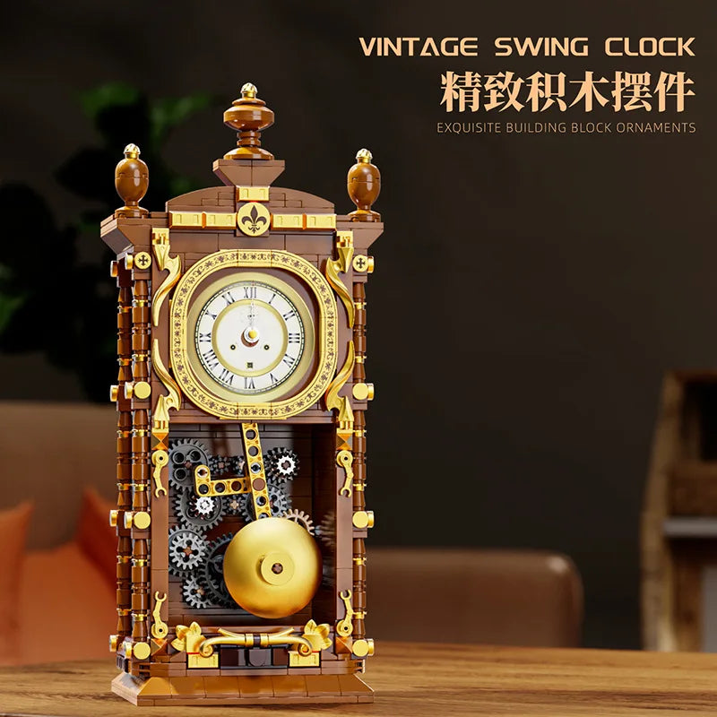 Swinging Retro Mechanical Pendulum Clock Building Blocks 751-Piece 3D Model Kit for Adults Home Decor Gift