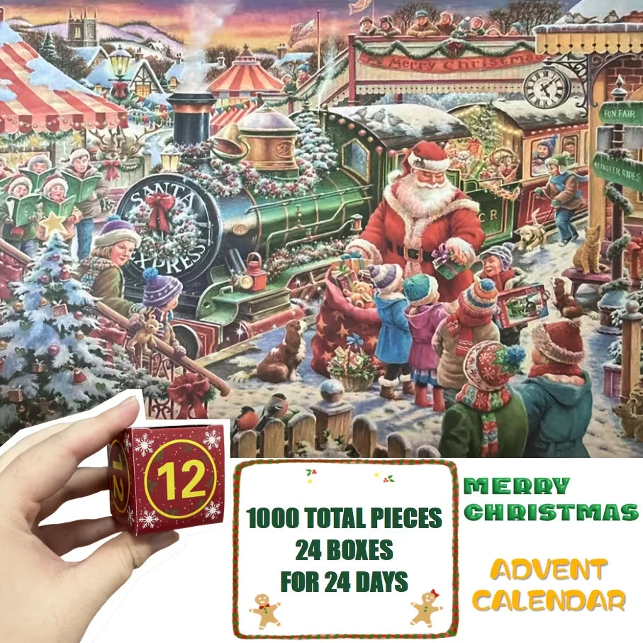 1000-Piece Christmas Advent Calendar Jigsaw Puzzle - Festive Train & Snowy Village Scene, 24-Day Countdown