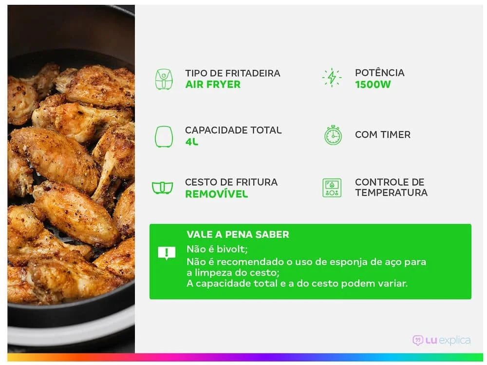 4L (4-Quart) Oil-Free Air Fryer, 1500W 220V, Square Non-Stick Basket, 80-200°C (176-392°F), 60-Min Timer