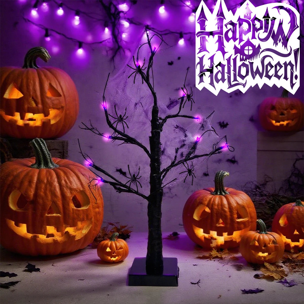 24-LED Black Birch Tree Table Lamp with Stretch Cobweb & 5 Spiders – Halloween Party LED Home Decor