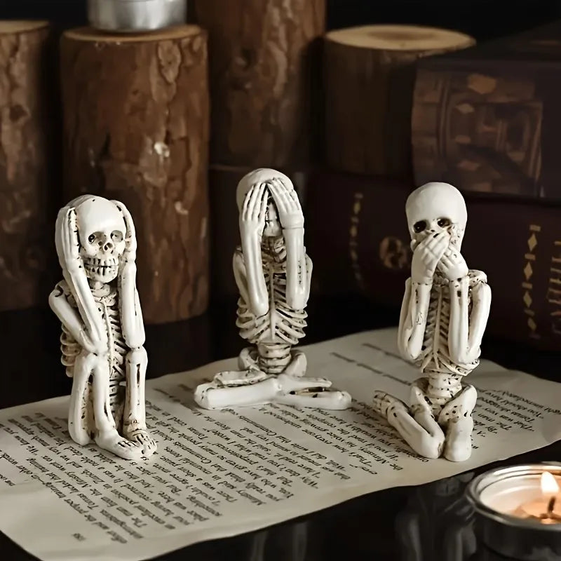 3-Pack Resin Tabletop Skeleton Decorations Art Deco Halloween Skull Figurines for Mantel & Desktop