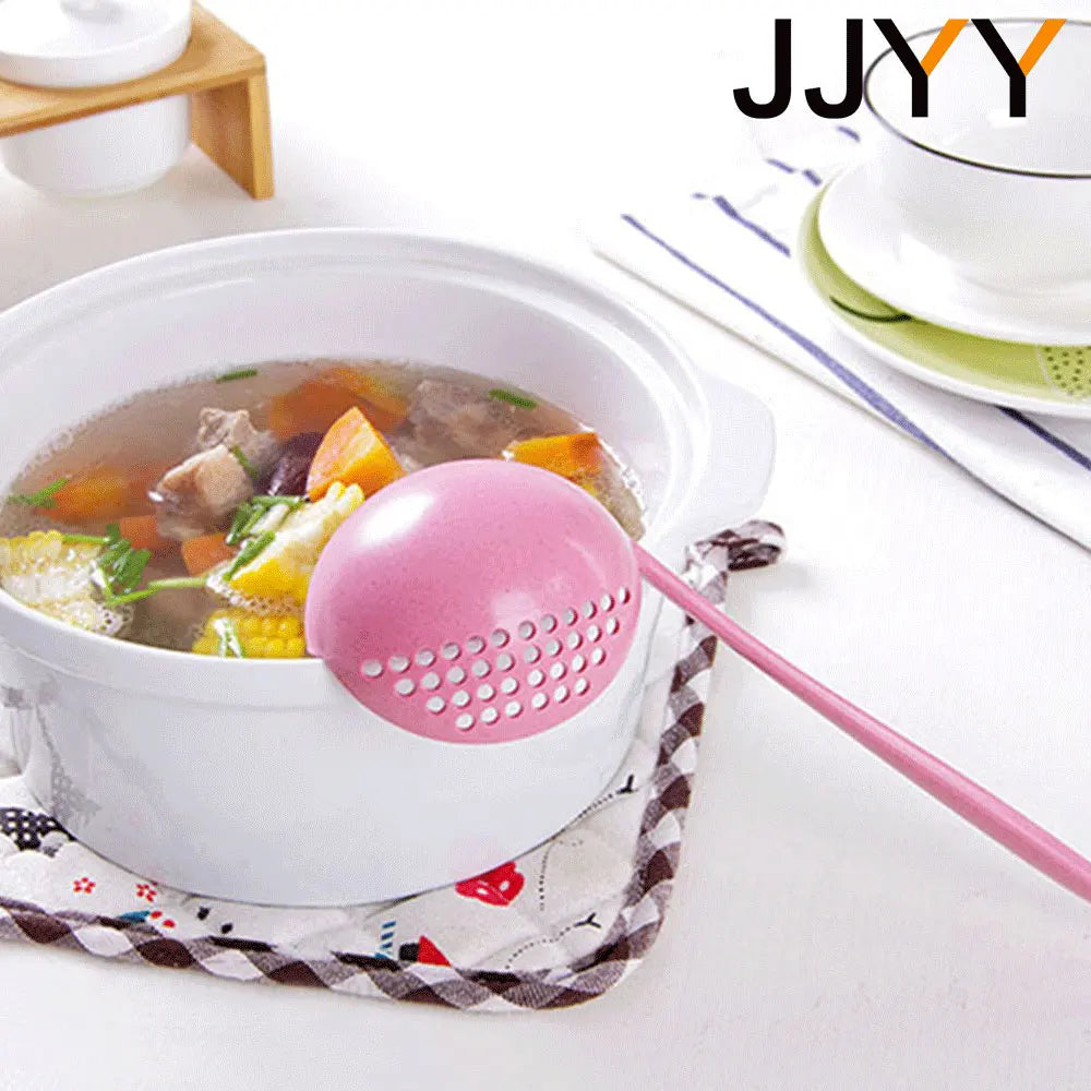 FanzyMarket 2-in-1 long handle slotted spoon strainer for hot pots and kitchen, featuring a plastic soup ladle design.