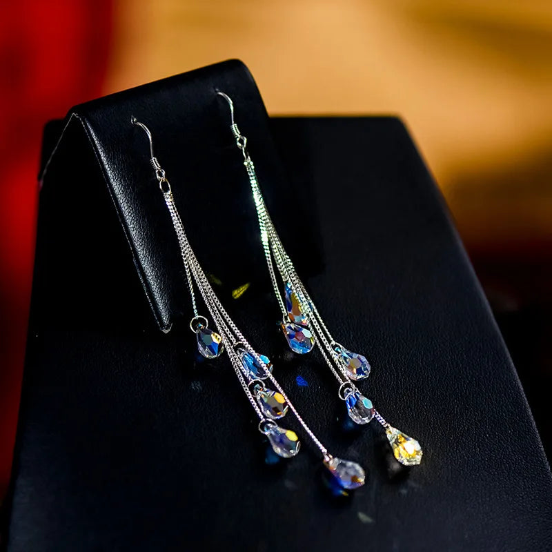 Crystal Water Drop Tassel Earrings - Colorful Long Bridal & Party Drop Earrings for Women