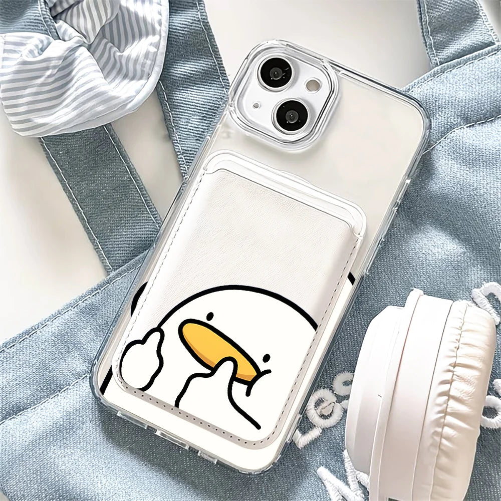 Cartoon Duck MagSafe-Compatible Clear Phone Case with Magnetic Leather Card Holder