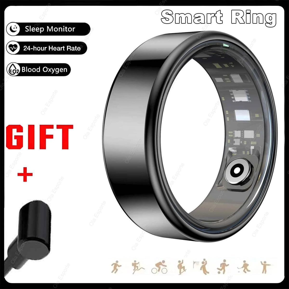 Smart Health Ring — Heart Rate, SpO2 & Skin Temperature Monitor, Sleep & Activity Tracker, 5ATM Waterproof, Bluetooth for Android & iOS — US Sizes 6–14 (16.5–22.3 mm / 0.65–0.88 in)