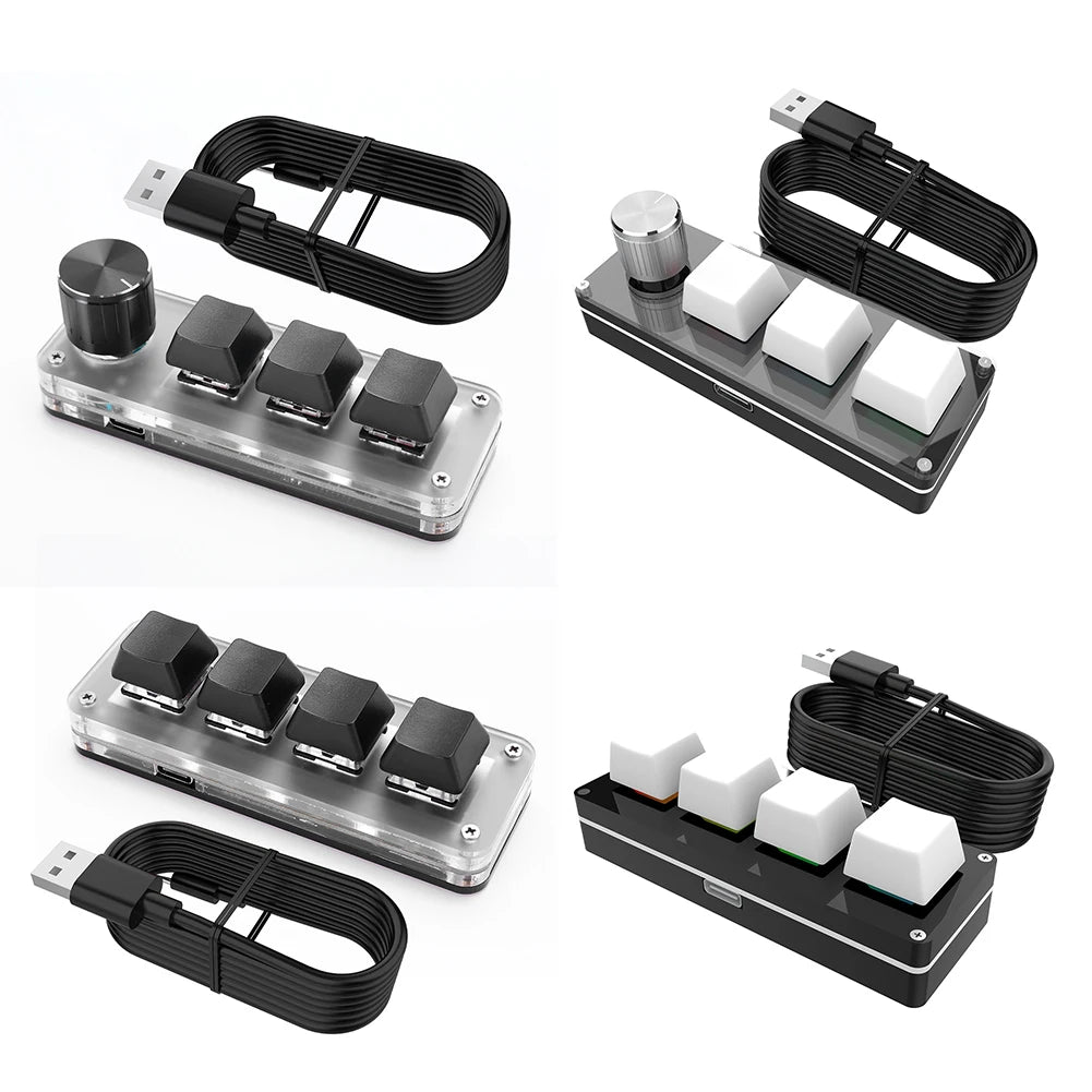 Programmable Mini Mechanical Macropad 3-Key + 1 Knob or 4-Key RGB Hot-Swap Type-C USB Red Switches for Gamers Designers Video Editors