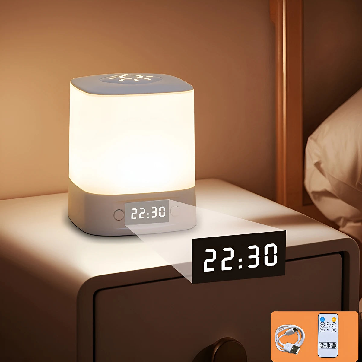 Rechargeable LED Night Light with Clock — 1200mAh USB-C, Dimmable 3-Color Bedside & Nursery Lamp with Remote