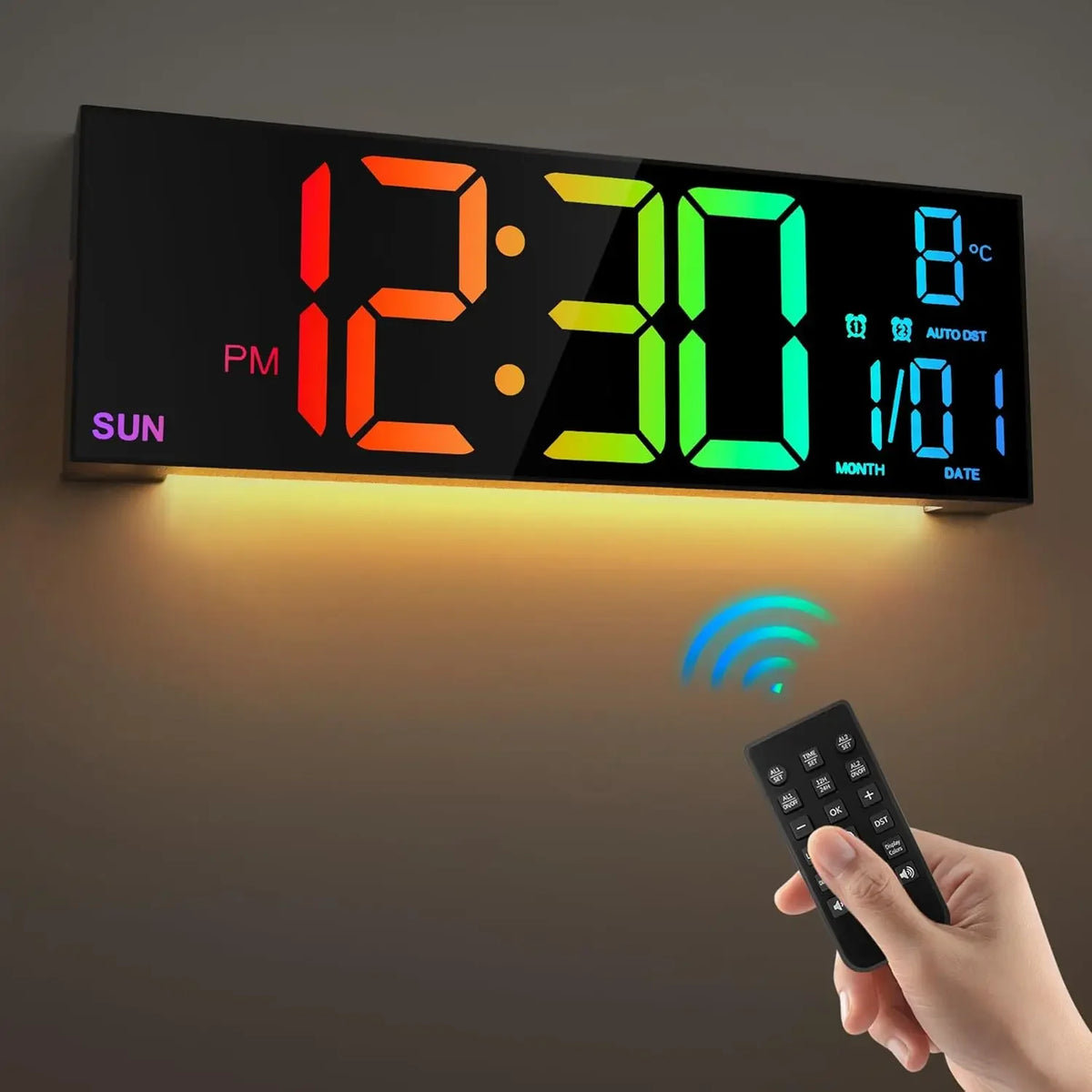 16.2 in (41 cm) Large LED Digital Wall Clock with Remote, Dual Alarm, RGB Night Light, Jumbo 4.5 in Digits