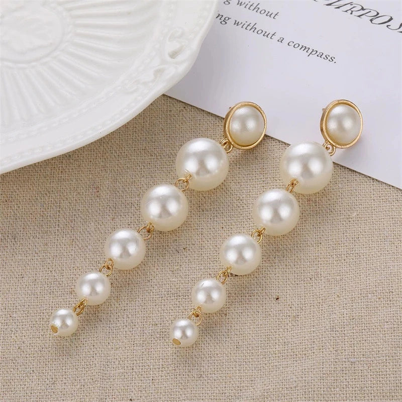 Simulated Pearl Bean Drop Earrings – Long Dangle Gold & Silver Earrings for Women