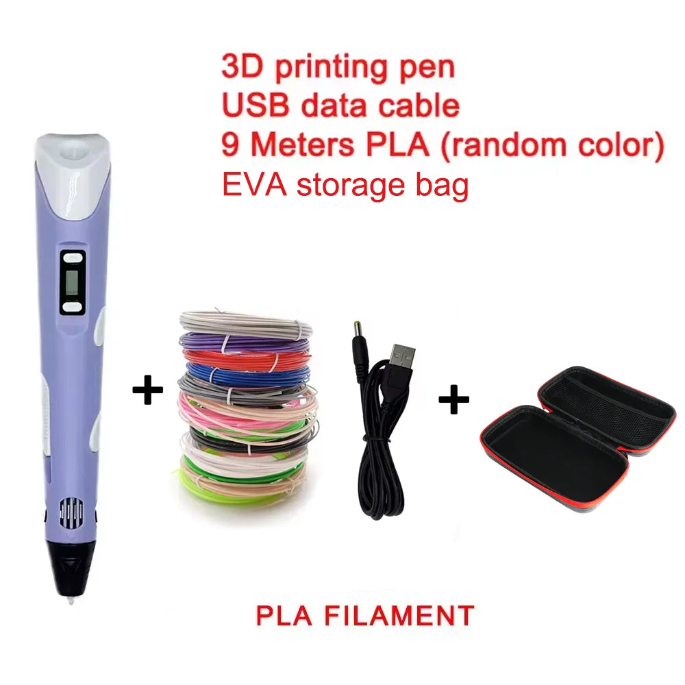 USB Rechargeable 3D Printing Pen with 9M PLA Filament (1.75mm) — Adjustable Speed, 180–220°C Heat, DIY 3D Pen for Kids & Adults