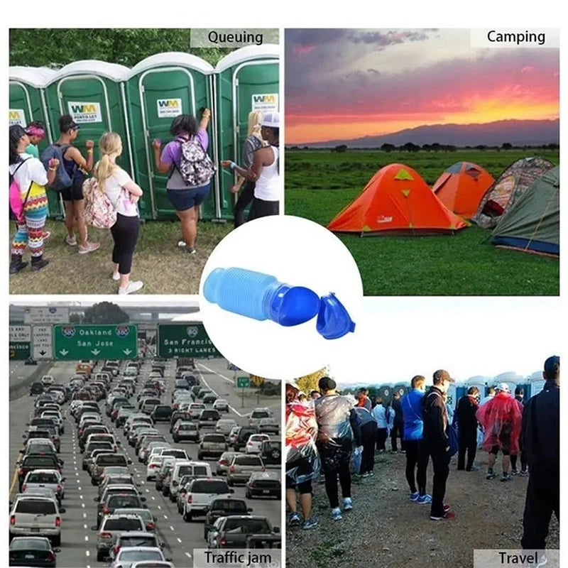 Collapsible urinal funnel in use at camping and travel settings