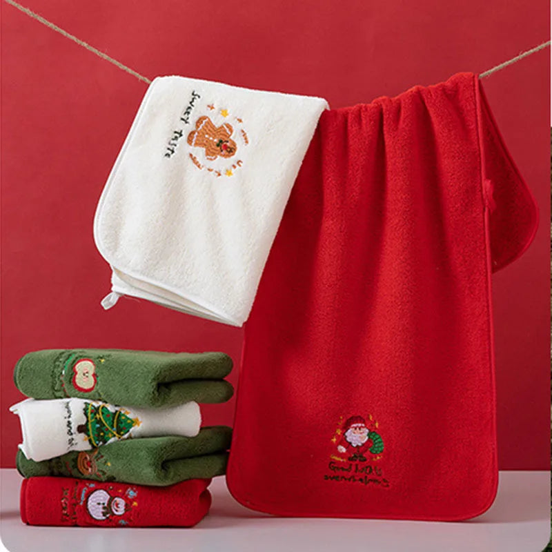 Christmas Coral Fleece Embroidered Hand & Face Towel 35 x 75 cm (13.8 x 29.5 in) Super Plush Absorbent Holiday Gift