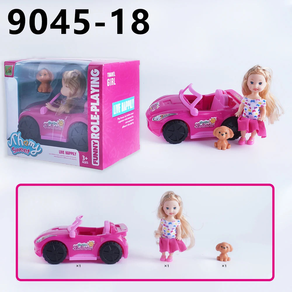 Mini Fashion Doll Playset for Kids with Pet Dog & Convertible Car — Dollhouse Kitchen & Seaside Restaurant Accessories
